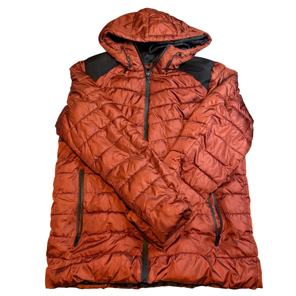 Perry Ellis Portfolio Mens Puffer Jacket Hooded Burnt Orange Size Medium warm